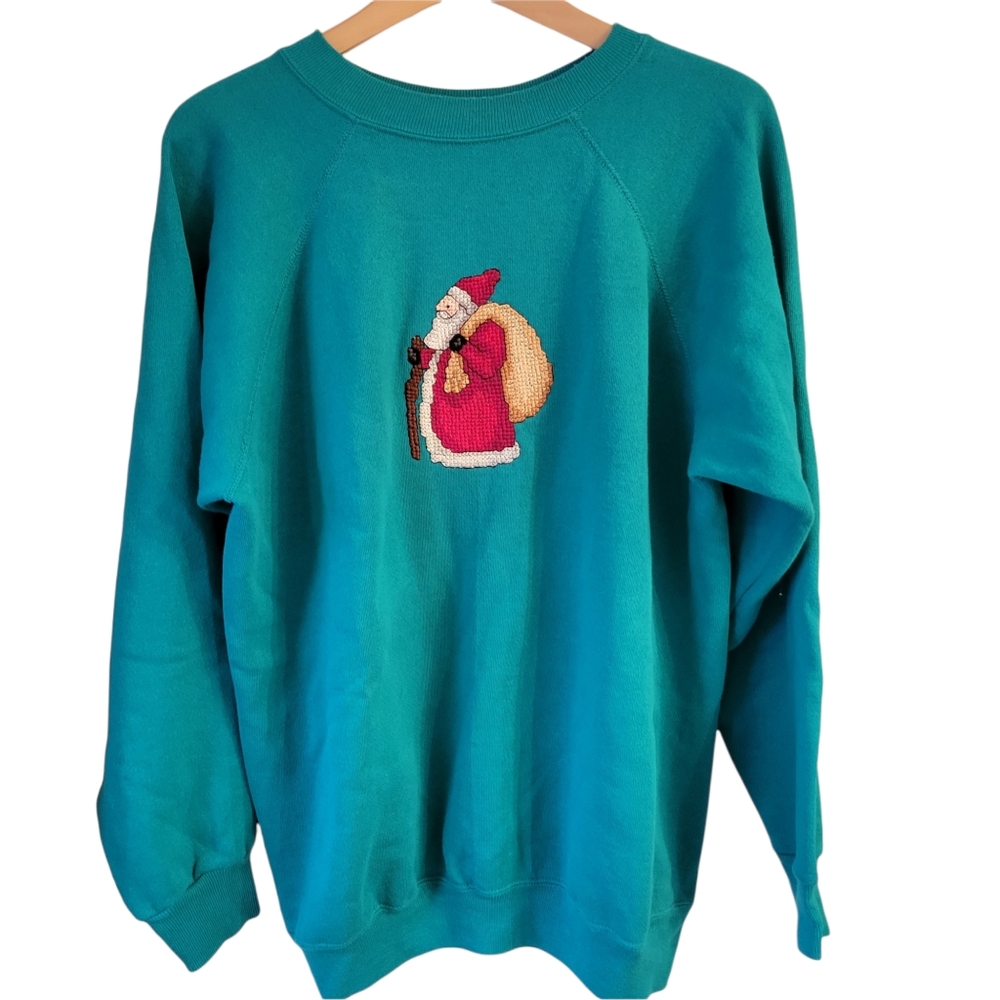 Vintage Christmas Upclycled Cross Stitch stich Oversized Sweatshirt XL